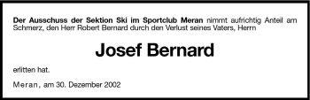 Traueranzeige von Josef Bernard von Dolomiten