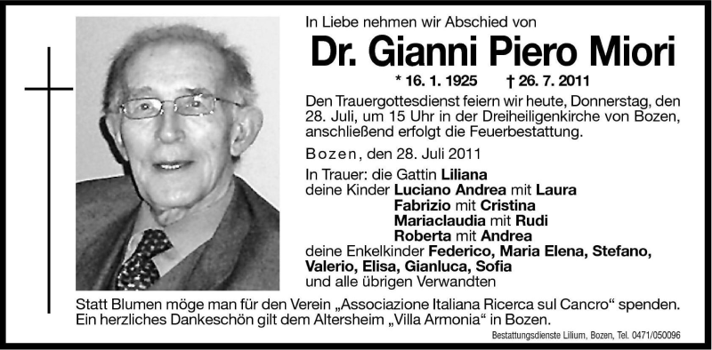  Traueranzeige für Gianni Piero Miori vom 28.07.2011 aus Dolomiten