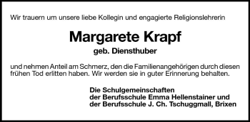 Traueranzeige von Margarete Krapf von Dolomiten