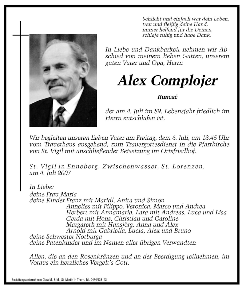  Traueranzeige für Alex Complojer vom 05.07.2007 aus Dolomiten