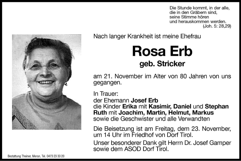  Traueranzeige für Rosa Erb vom 22.11.2001 aus Dolomiten