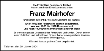 Traueranzeige von Franz Mairhofer von Dolomiten