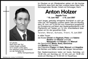 Traueranzeige von Anton Holzer von Dolomiten