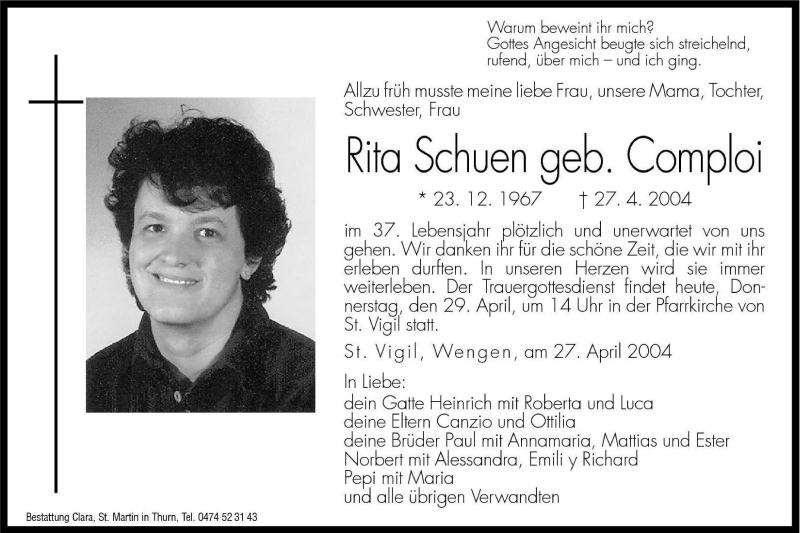  Traueranzeige für Rita Schuen vom 29.04.2004 aus Dolomiten