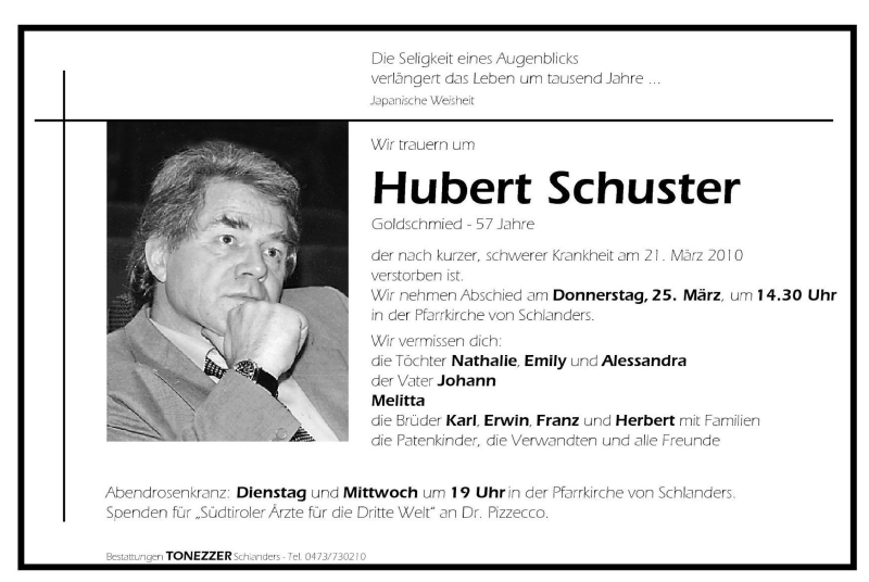  Traueranzeige für Hubert Schuster vom 23.03.2010 aus Dolomiten