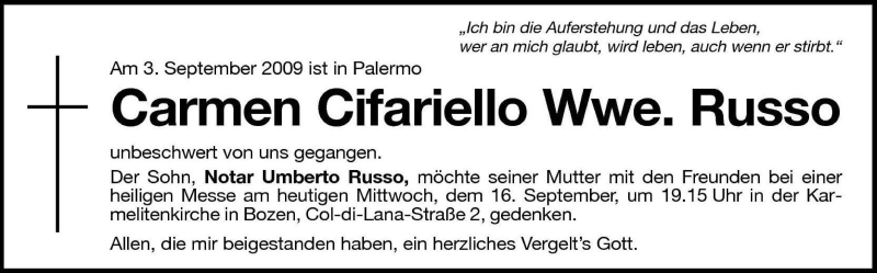  Traueranzeige für Carmen Russo vom 16.09.2009 aus Dolomiten