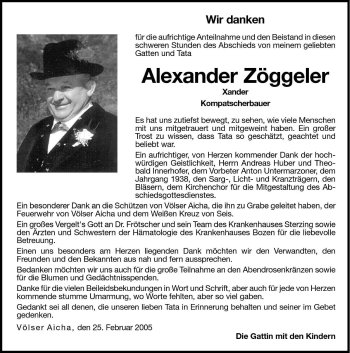 Traueranzeige von Alexander Zöggeler von Dolomiten