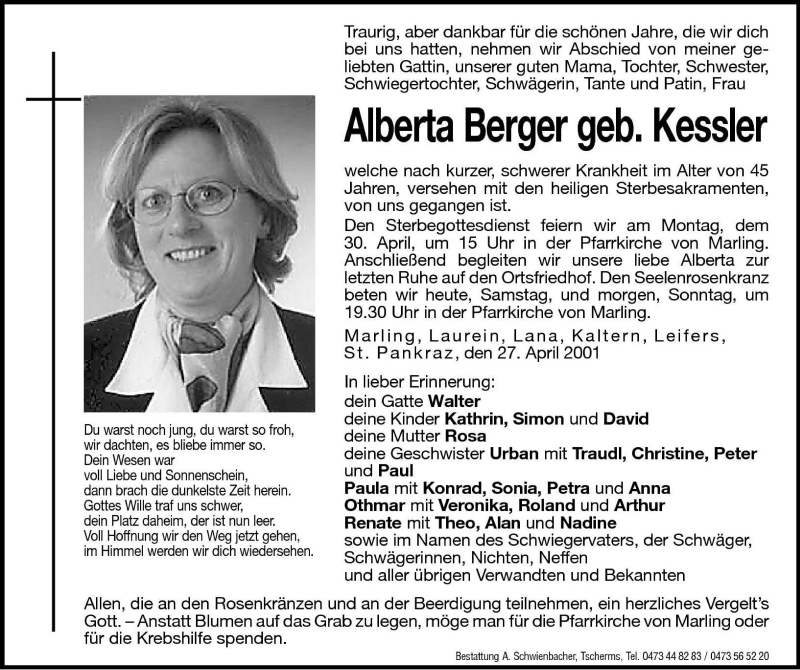  Traueranzeige für Alberta Berger vom 28.04.2001 aus Dolomiten