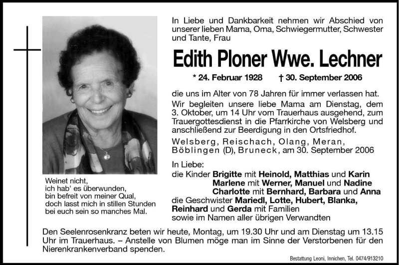  Traueranzeige für Edith Lechner vom 02.10.2006 aus Dolomiten