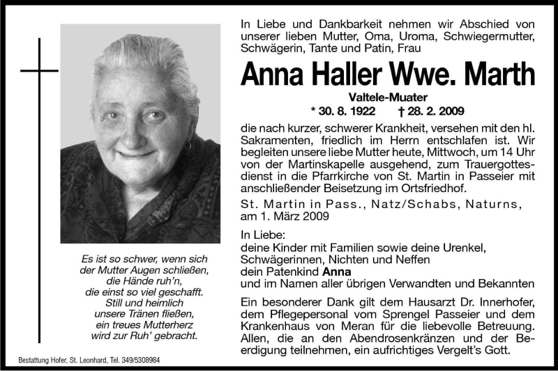  Traueranzeige für Anna Marth vom 04.03.2009 aus Dolomiten