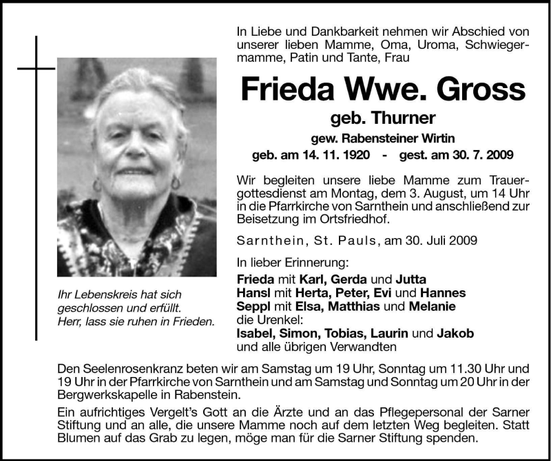  Traueranzeige für Frieda Gross vom 01.08.2009 aus Dolomiten