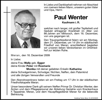 Traueranzeige von Paul Wenter von Dolomiten