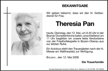Traueranzeige von Theresia Pan von Dolomiten
