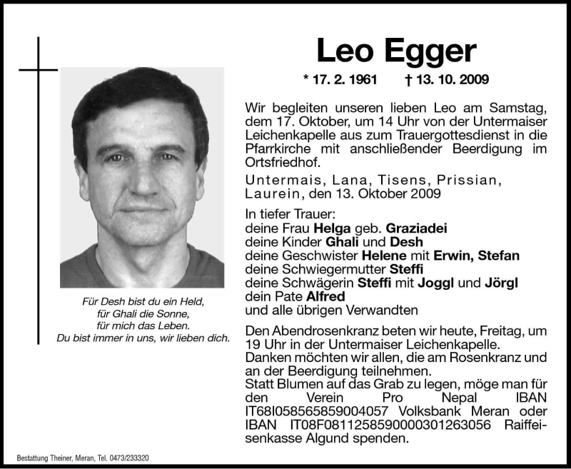  Traueranzeige für Leo Egger vom 16.10.2009 aus Dolomiten