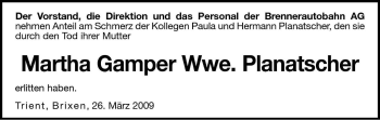 Traueranzeige von Martha Planatscher von Dolomiten