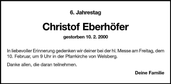 Traueranzeige von Christof Eberhöfer von Dolomiten