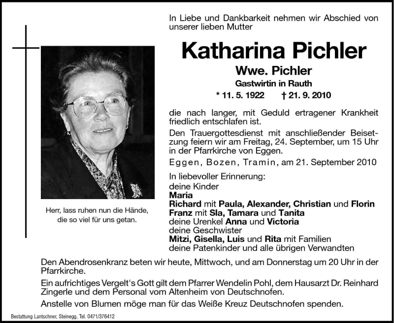  Traueranzeige für Katharina Pichler vom 22.09.2010 aus Dolomiten