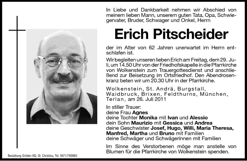  Traueranzeige für Erich Pitscheider vom 27.07.2011 aus Dolomiten