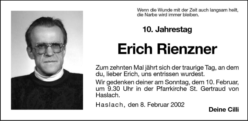  Traueranzeige für Erich Rienzner vom 08.02.2002 aus Dolomiten
