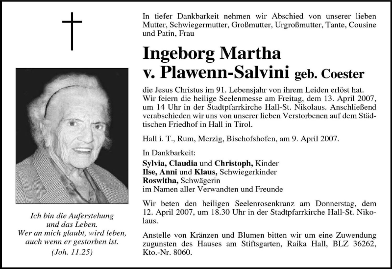  Traueranzeige für Ingeborg Martha v. Plawenn-Salvini vom 11.04.2007 aus Dolomiten