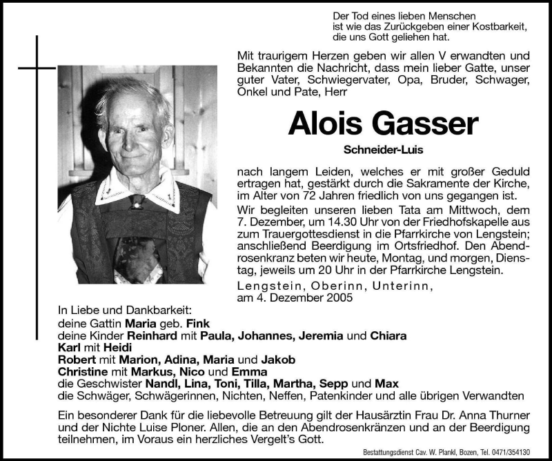  Traueranzeige für Alois Gasser vom 05.12.2005 aus Dolomiten