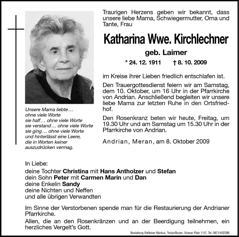  Traueranzeige für Katharina Kirchlechner vom 09.10.2009 aus Dolomiten