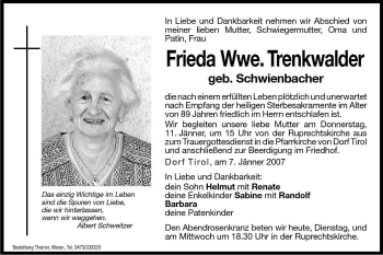 Traueranzeige von Frieda Trenkwalder von Dolomiten