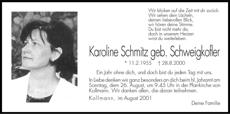  Traueranzeige für Karoline Schmitz vom 24.08.2001 aus Dolomiten