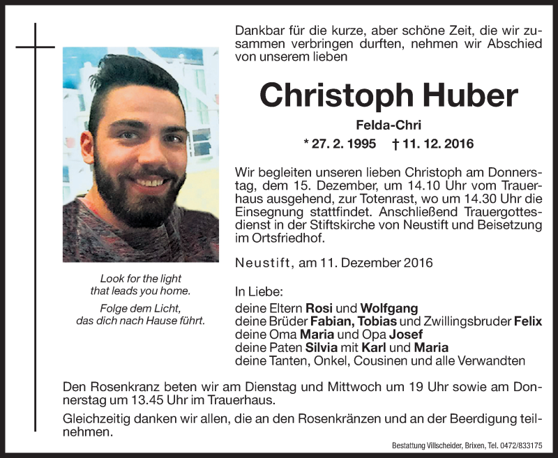  Traueranzeige für Christoph Huber vom 13.12.2016 aus Dolomiten