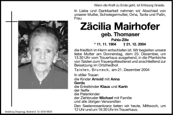 Traueranzeige von Zäcilia Mairhofer von Dolomiten