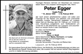 Traueranzeige von Peter Egger von Dolomiten