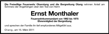 Traueranzeige von Ernst Monthaler von Dolomiten