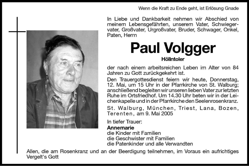  Traueranzeige für Paul Volgger vom 12.05.2005 aus Dolomiten