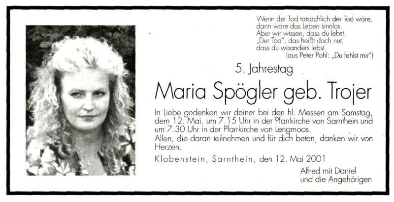  Traueranzeige für Maria Spögler vom 10.05.2001 aus Dolomiten