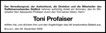 Traueranzeige von Toni Profaiser von Dolomiten