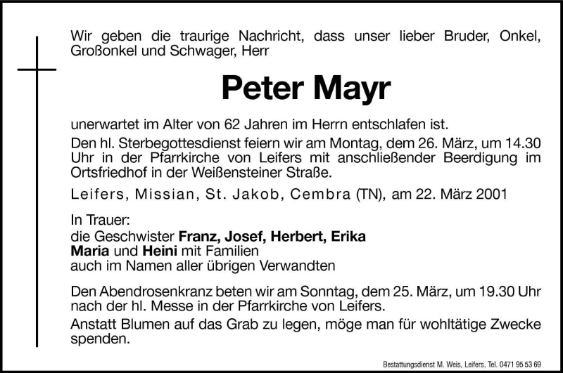  Traueranzeige für Peter Mayr vom 24.03.2001 aus Dolomiten