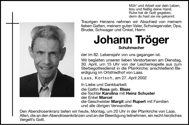  Traueranzeige für Johann Tröger vom 29.04.2002 aus Dolomiten