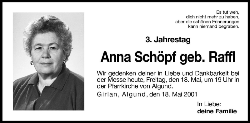  Traueranzeige für Anna Schöpf vom 18.05.2001 aus Dolomiten