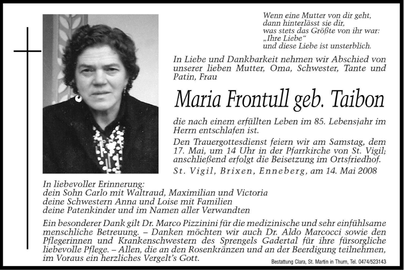  Traueranzeige für Maria Frontull vom 16.05.2008 aus Dolomiten