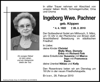 Traueranzeige von Ingeborg Pachner von Dolomiten