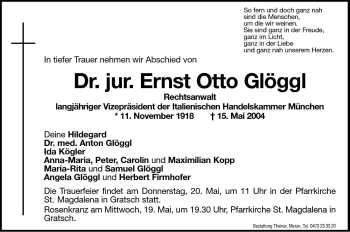 Traueranzeige von Ernst Otto Glöggl von Dolomiten