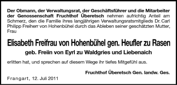 Traueranzeige von Elisabeth Freifrau von Hohenbühel von Dolomiten