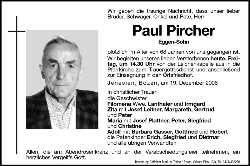  Traueranzeige für Paul Pircher vom 22.12.2006 aus Dolomiten