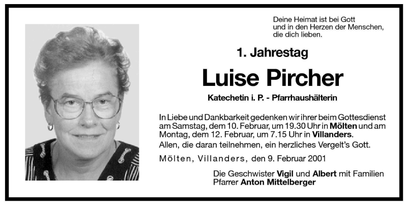  Traueranzeige für Luise Pircher vom 09.02.2001 aus Dolomiten