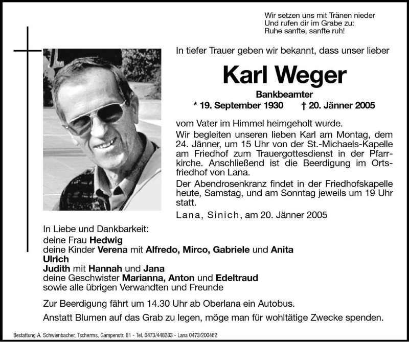  Traueranzeige für Karl Weger vom 22.01.2005 aus Dolomiten