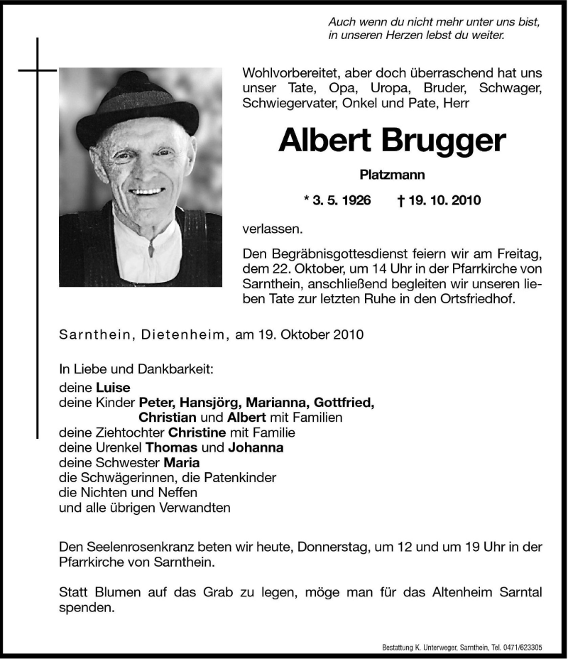  Traueranzeige für Albert Brugger vom 21.10.2010 aus Dolomiten