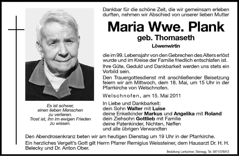  Traueranzeige für Maria Plank vom 17.05.2011 aus Dolomiten