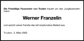 Traueranzeige von Werner Franzelin von Dolomiten