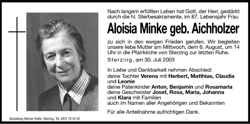  Traueranzeige für Aloisia Minke vom 06.08.2003 aus Dolomiten