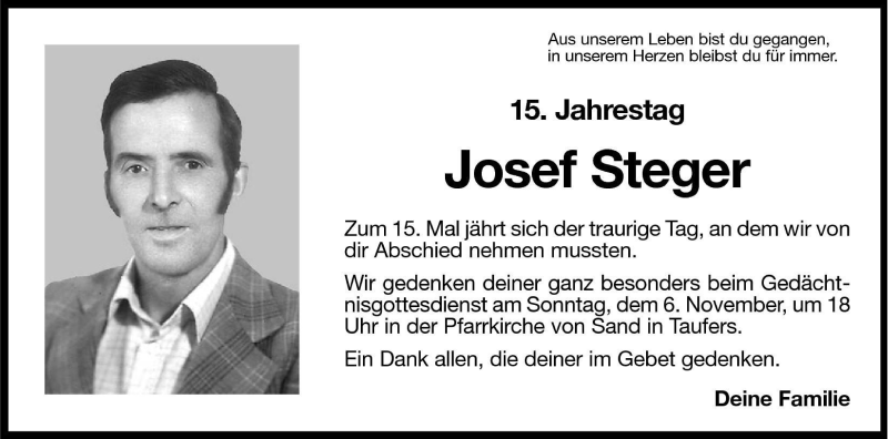  Traueranzeige für Josef Steger vom 05.11.2005 aus Dolomiten